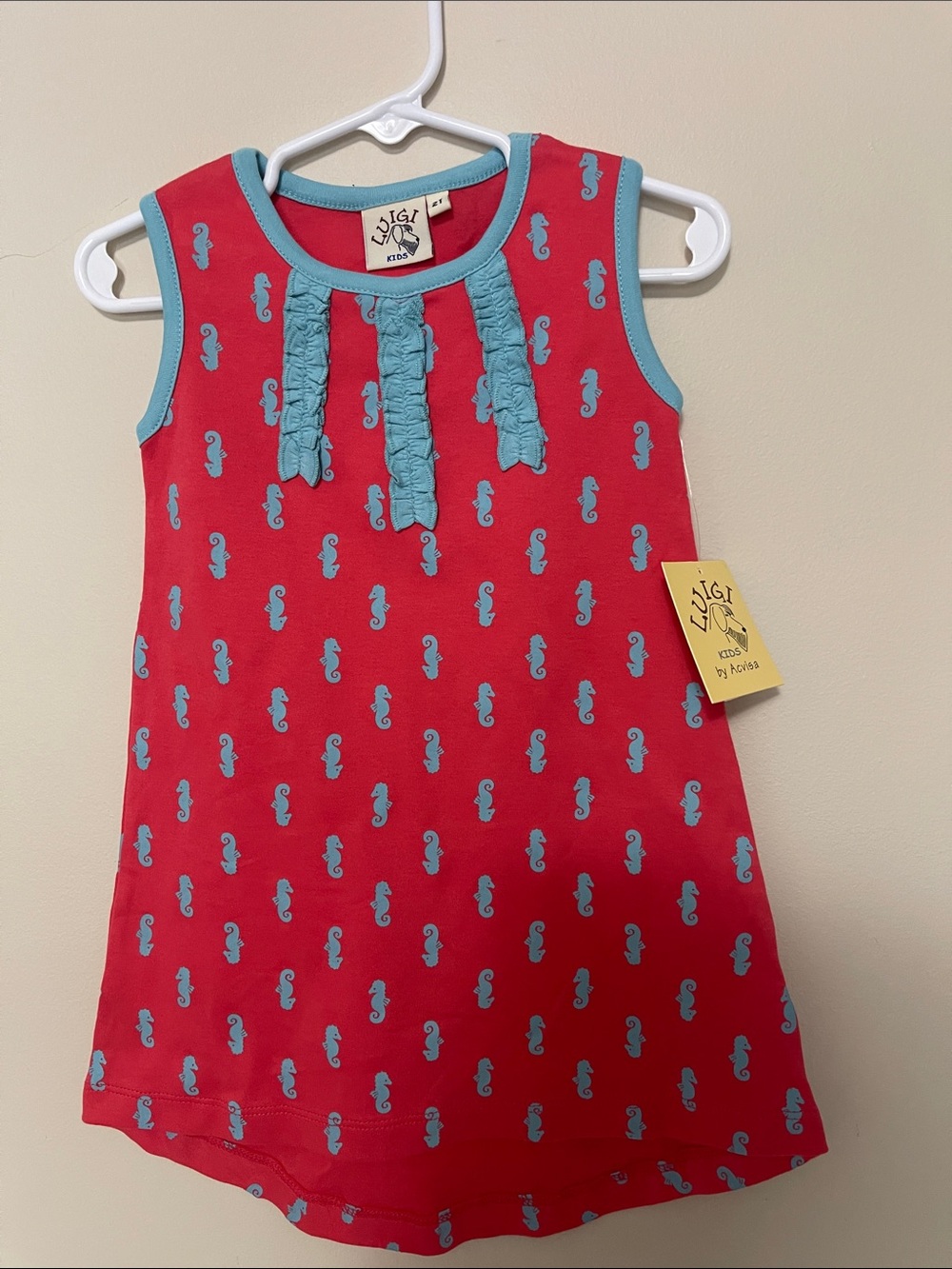 Luigi Kids Red & Teal Seahorse Ruffle Tank Dress